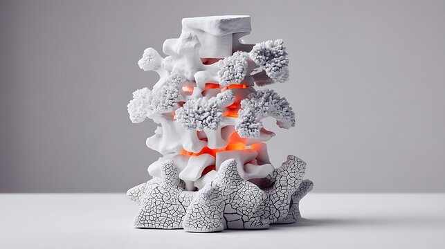 foremost. A sculptural representation of a human spine made of cracked stone with five points of intense pressure glowing warmly. wellbeing guides.