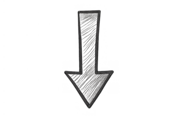 Hand-drawn arrow pointing down, indicating direction, download, or a falling trend, with a charcoal sketch texture
