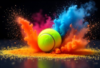 Dynamic tennis ball bursting with colorful powder in fast motion on a black background, showcasing vibrant energy, impact, competition, and modern abstract sports action for powerful visual design.