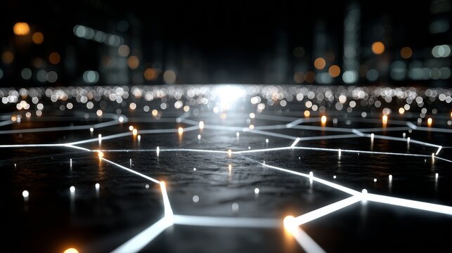 Dynamic network grid with glowing nodes and blurred city lights creates a modern, futuristic digital landscape for technology and connectivity concepts. - Powered by Adobe