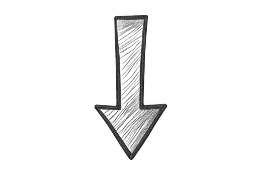 Hand-drawn arrow pointing down, indicating direction, download, or a falling trend, with a charcoal sketch texture