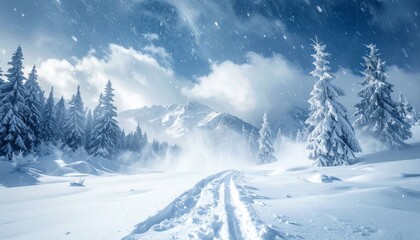 Obraz premium Serene Winter Landscape with Snow-Covered Trees and Mountain View