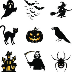 Spooky Halloween elements set with ghost bats witch black cat pumpkin raven haunted house and grim reaper in a horror illustration collection.