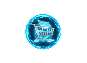 Glowing Blue Shopping Cart With Digital Interface Inside a Swirling Energy Orb Against Black Background