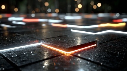 Dynamic glowing geometric lines create a futuristic digital cityscape with vibrant neon accents, perfect for tech innovation and modern design projects.