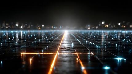 Vibrant neon grid lines illuminate a futuristic cityscape at night, pulsing with digital energy and technological advancement.