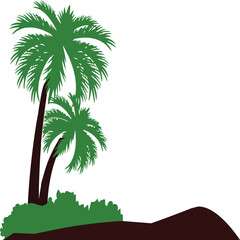 Tropical palm trees with green leaves and bushes creating a natural landscape illustration.