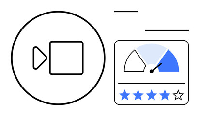 Video content concept. Video playback icons with performance rating stars and a speedometer. Video tools for quality, user feedback, analytics, and digital marketing