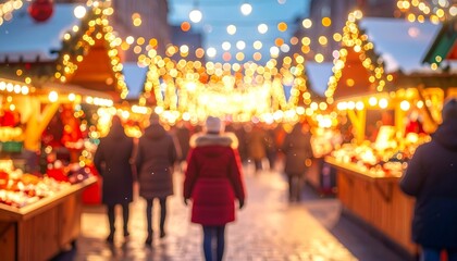 Fototapeta premium Festive Christmas Market with Bokeh Lights and Happy Shoppers