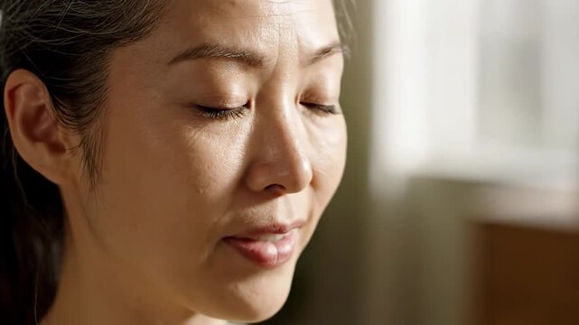 Close-up of a mature woman with silver hair indoors near window