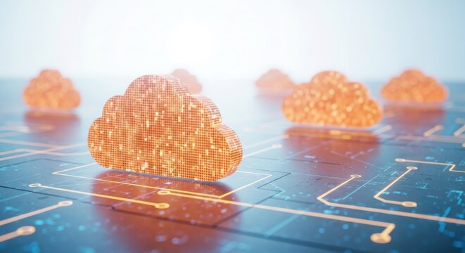 Digital data cloud computing network connection concept background with glowing circuit board
