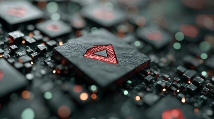Dynamic digital circuit board with glowing red abstract symbol, representing advanced technology and innovation in a modern, futuristic design.