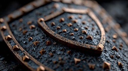 Stunning textured shield with intricate bronze studs and weathered detail evokes strength and ancient power for epic storytelling