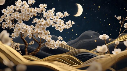 Stunning moonlight blossoms with golden accents create elegant serenity, perfect for luxury branding or sophisticated designs that evoke calm and beauty