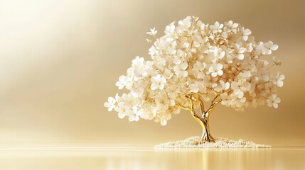 Stunning golden tree blossoming with delicate white flowers against a luminous background, perfect for luxury branding or elegant promotional materials