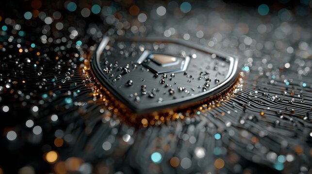 Secure digital shield emblem with glowing circuits and water droplets, symbolizing advanced cyber protection and data integrity in a modern, high-tech world.