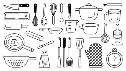 Assortment of kitchen utensils cooking tools baking equipment line art illustration drawing
