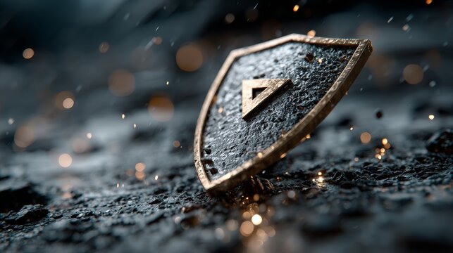 Striking golden shield emblem with rough texture rests on dark ground, sparking with dramatic fiery embers and bokeh lights.