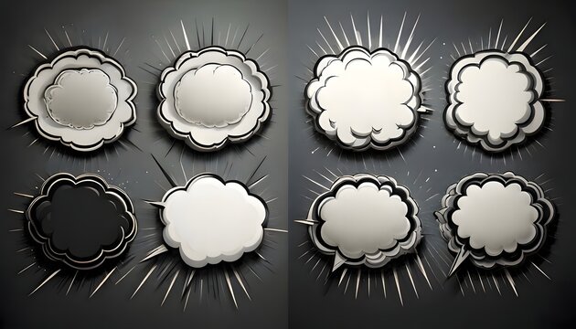 Dynamic collection of retro comic book inspired speech bubbles and explosive visual elements with radiating lines, perfect for graphic storytelling and emphasis