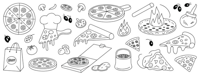 Hand drawn pizza elements pepperoni slices mushrooms olives italian food doodle sketch