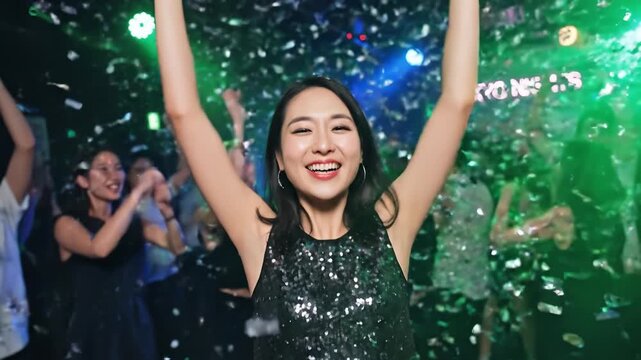 Joyful woman party celebration with confetti at night club dance music crowd under neon light happy vibes glitter dress festive nightlife fun youth sparkle portrait Asia NY weekend event social scene