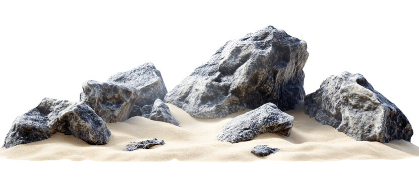 Rugged coastal rocks emerge from soft sandy shores