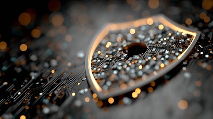Stunning digital shield graphic embodies advanced cybersecurity and data protection with intricate circuitry and glowing bokeh lights