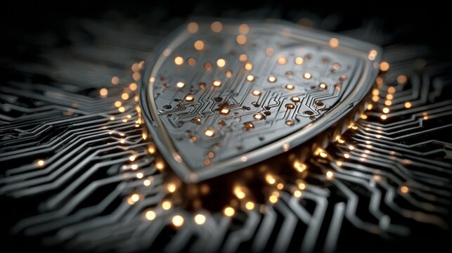 Secure your digital world with this stunning 3D render of a shield integrated into glowing circuit board technology, symbolizing advanced cybersecurity and data protection.