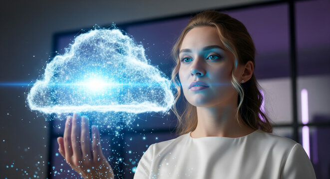 Young woman visualizing digital cloud data in a high-tech environment