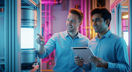 Two engineers monitoring futuristic machinery with a tablet in a neon-lit server room