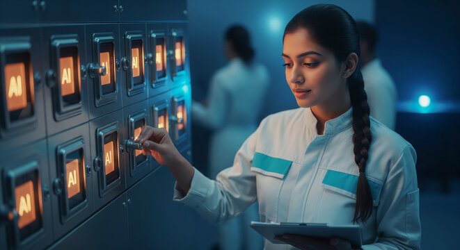 Female engineer calibrates industrial artificial intelligence interface panel in a futuristic lab - Powered by Adobe