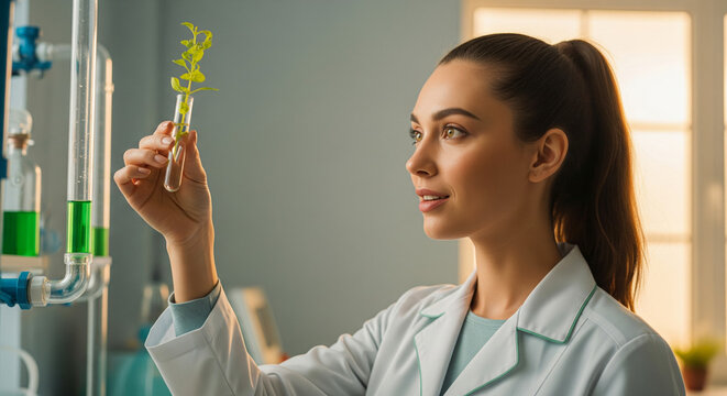 Young female scientist analyzing bioengineered plant sample in modern laboratory