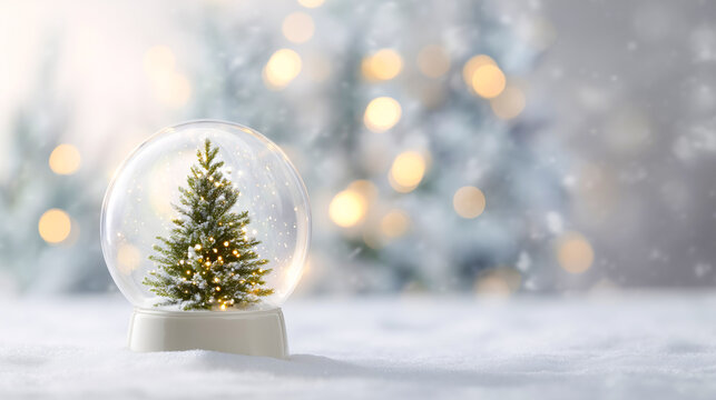 Snow globe featuring a miniature Christmas tree surrounded by soft snow and golden bokeh lights with area for text or design