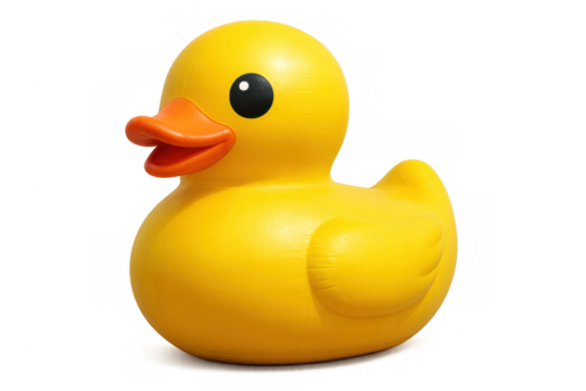 Yellow rubber duck toy on a transparent background, representing childhood fun, bathing, and leisure
