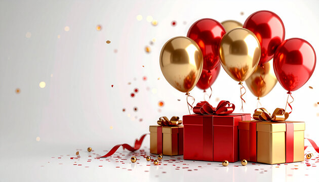 Red and gold metallic balloons floating above wrapped gift boxes with ribbons and scattered confetti on a bright, minimalist background.