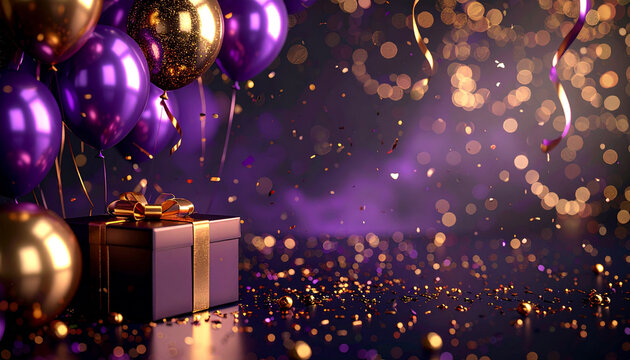 Elegant birthday background with purple and gold metallic balloons, a gift box, and shimmering confetti against a dark bokeh light setting.