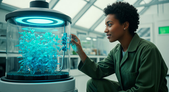Female scientist monitors plants growing in a futuristic automated laboratory chamber