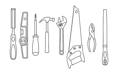 An assortment of hand tools for carpentry in outline style illustration.