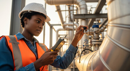 Female Industrial Engineer Calibrating Pipeline Sensor with Digital Meter