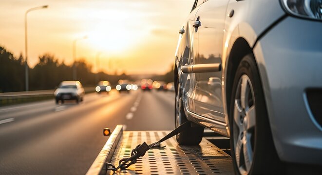 Silver car being towed on a flatbed truck along a busy highway during sunset, showcasing the transport process and the dynamic movement of vehicles