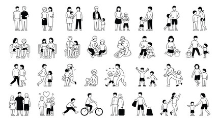 Collection of family moments illustrations depicting parents and children bonding together