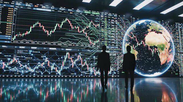 Two business professionals standing in front of a large screen displaying stock market data and a globe with a futuristic and technological mood. - Powered by Adobe