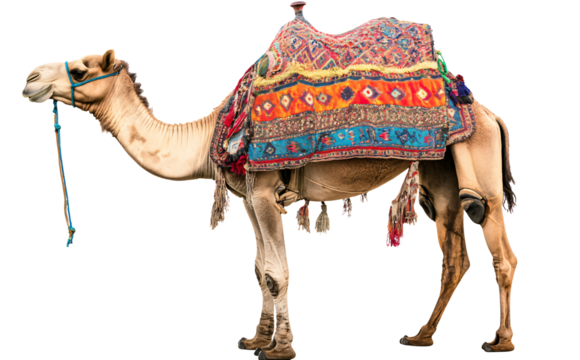 Majestic camel adorned with vibrant, traditional saddle blanket for desert travel