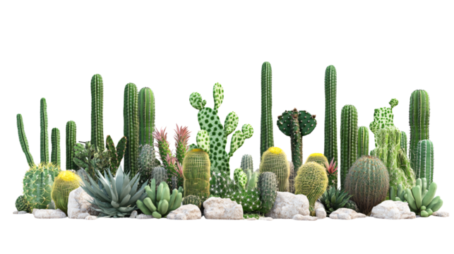 Vibrant desert plants collection with diverse cactus species and rocks
