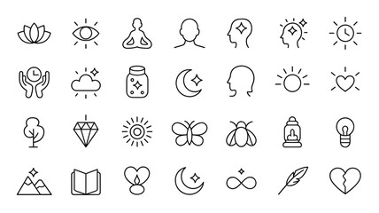 Collection of spiritual and mindfulness outline symbols for design and decoration needs