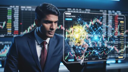Focused businessman analyzing financial data on a digital screen with graphs and charts in a professional office setting. - Powered by Adobe