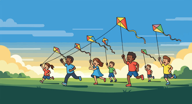 A group of diverse children joyfully running and flying colorful kites in a sunny park. - Powered by Adobe