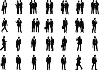 Business professional silhouette set, standing walking talking poses, corporate attire, office interaction, black vector illustration, workplace icon collection