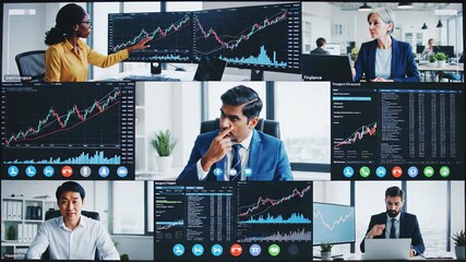 Collage of diverse business professionals in a video conference with graphs and charts on screens in a modern office setting. - Powered by Adobe