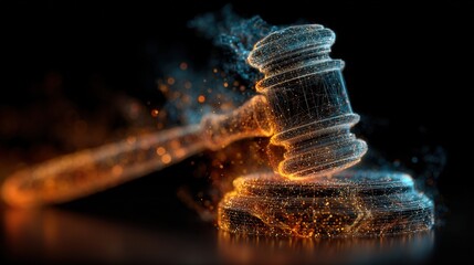 A digital representation of a gavel, highlighting themes of justice and law with vibrant, glowing particles.